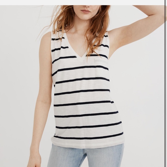 Madewell Whisper Cotton V Neck Tank White and Navy Blue Size XXS Front Pocket - Picture 2 of 4